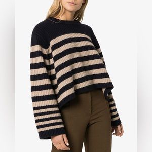 KHAITE Navy and Beige Striped Crew Neck Sweater